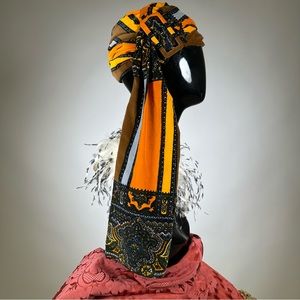 60’s Yves Saint Laurent Volk Dallas Headscarf Printed Yellow Orange Diameter 21"